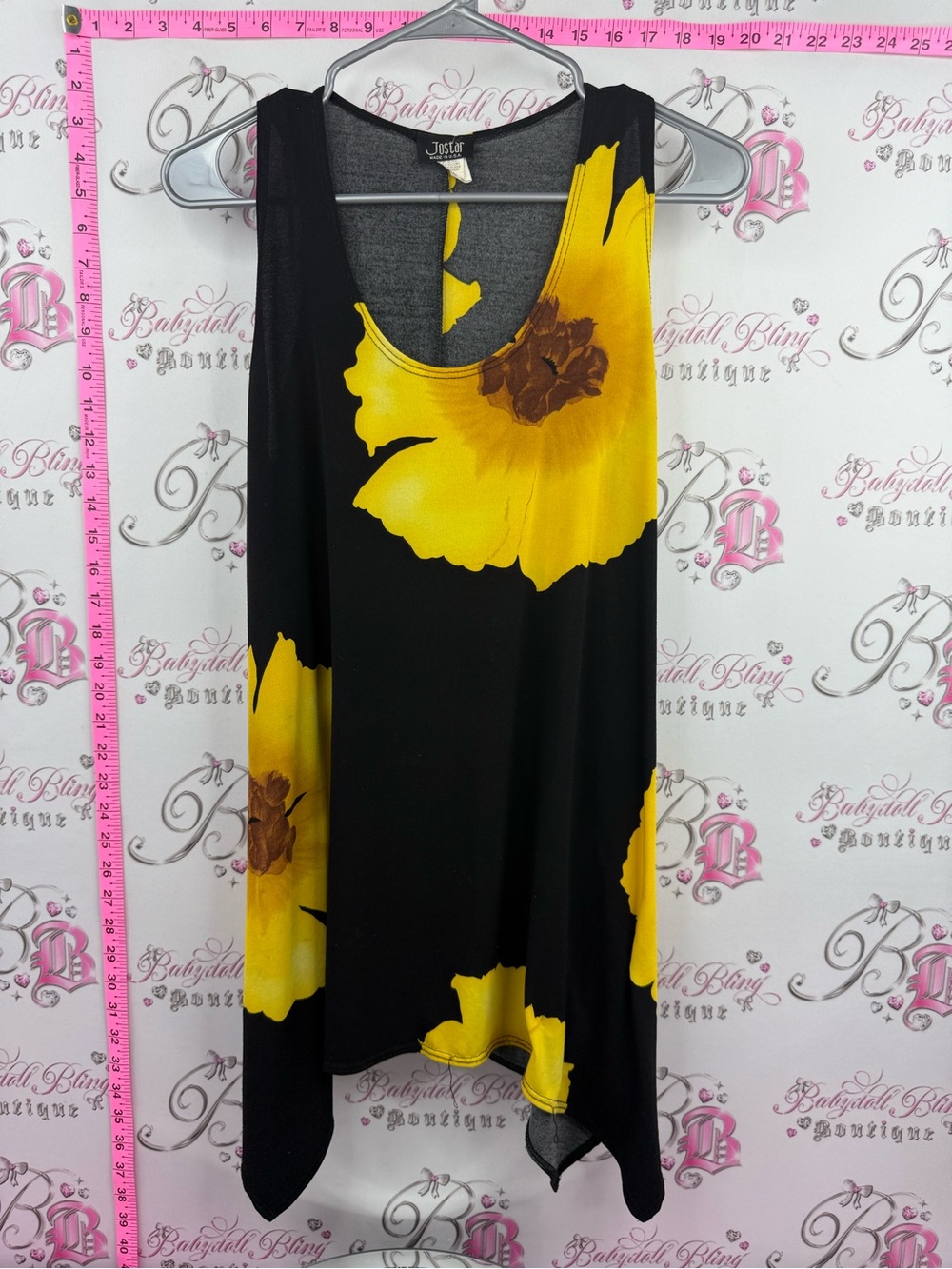JOSTAR mini dress or long tank Black Tank Dress with Bold Yellow Floral Print